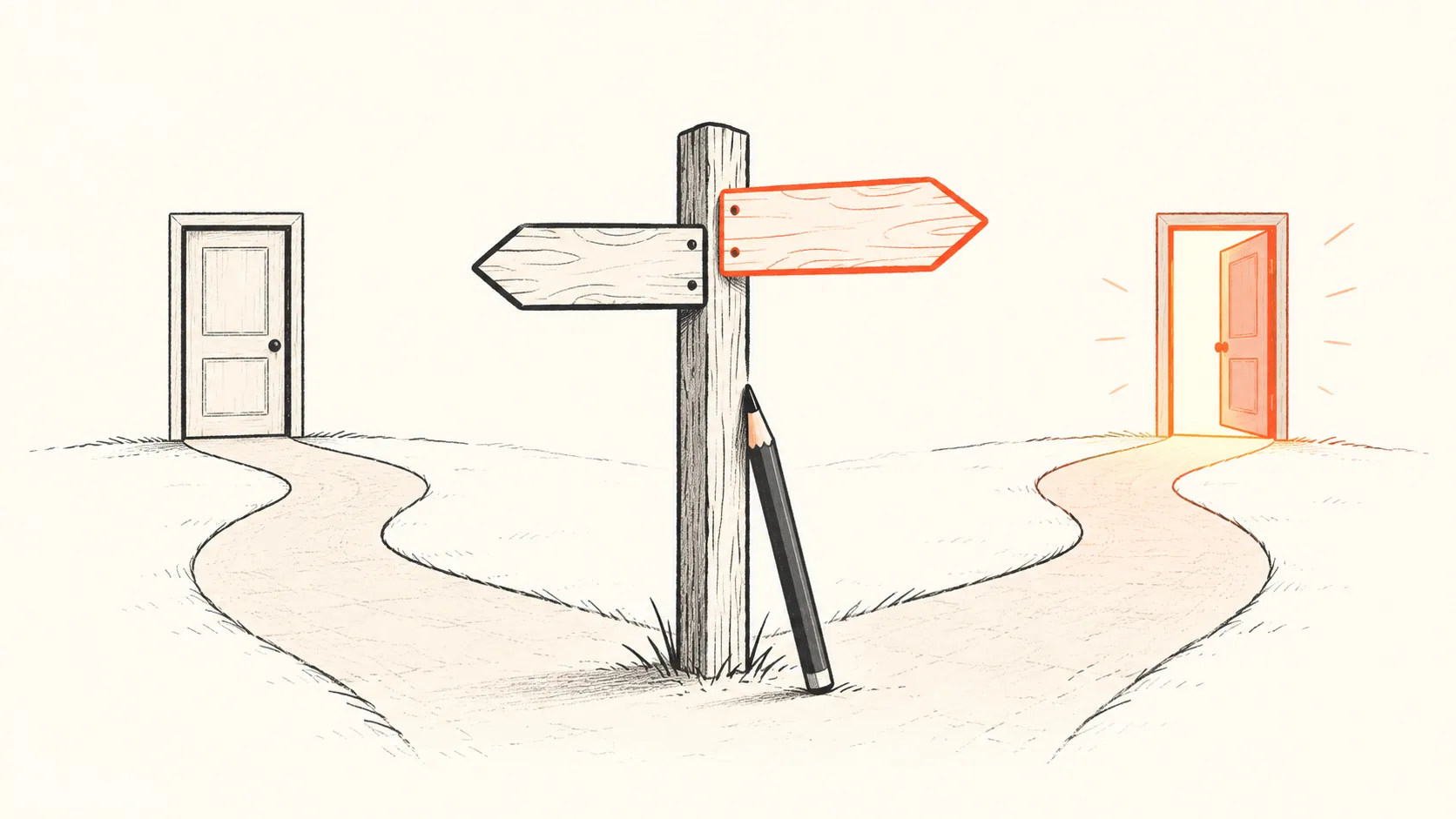 Illustration of a wooden signpost at a fork in a path, one arm outlined in coral and pointing to a small lit doorway.