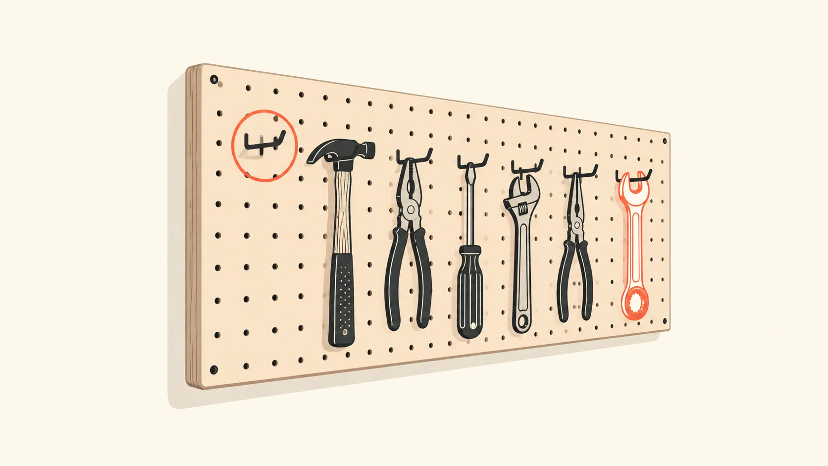 A workshop pegboard with a row of labelled tool outlines, one outline picked out in coral to show which tool the brand is hung next to.