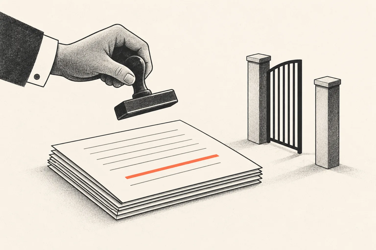 A stack of pages passing through a narrow gate where one hand holds a charcoal stamp back from the top sheet.