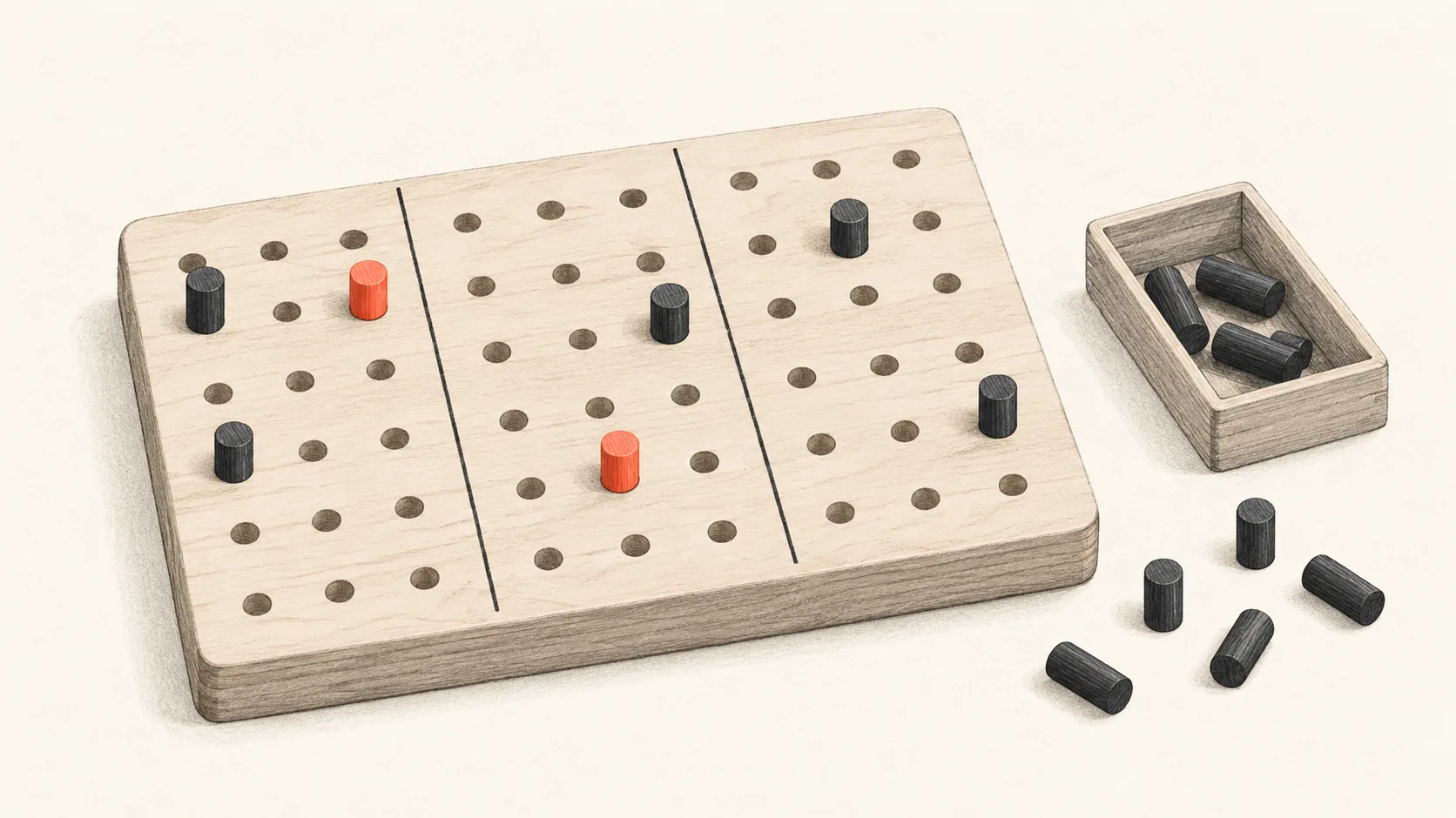 A small pegboard with a fixed number of pegs, a few placed in coral across labelled zones, showing a limited set of slots being allocated.