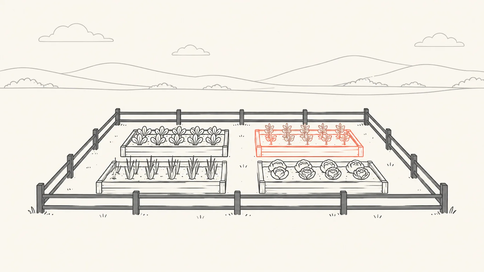 A hand-drawn fence around a small plot of garden beds, with the weather and the hills beyond it left outside the fence.