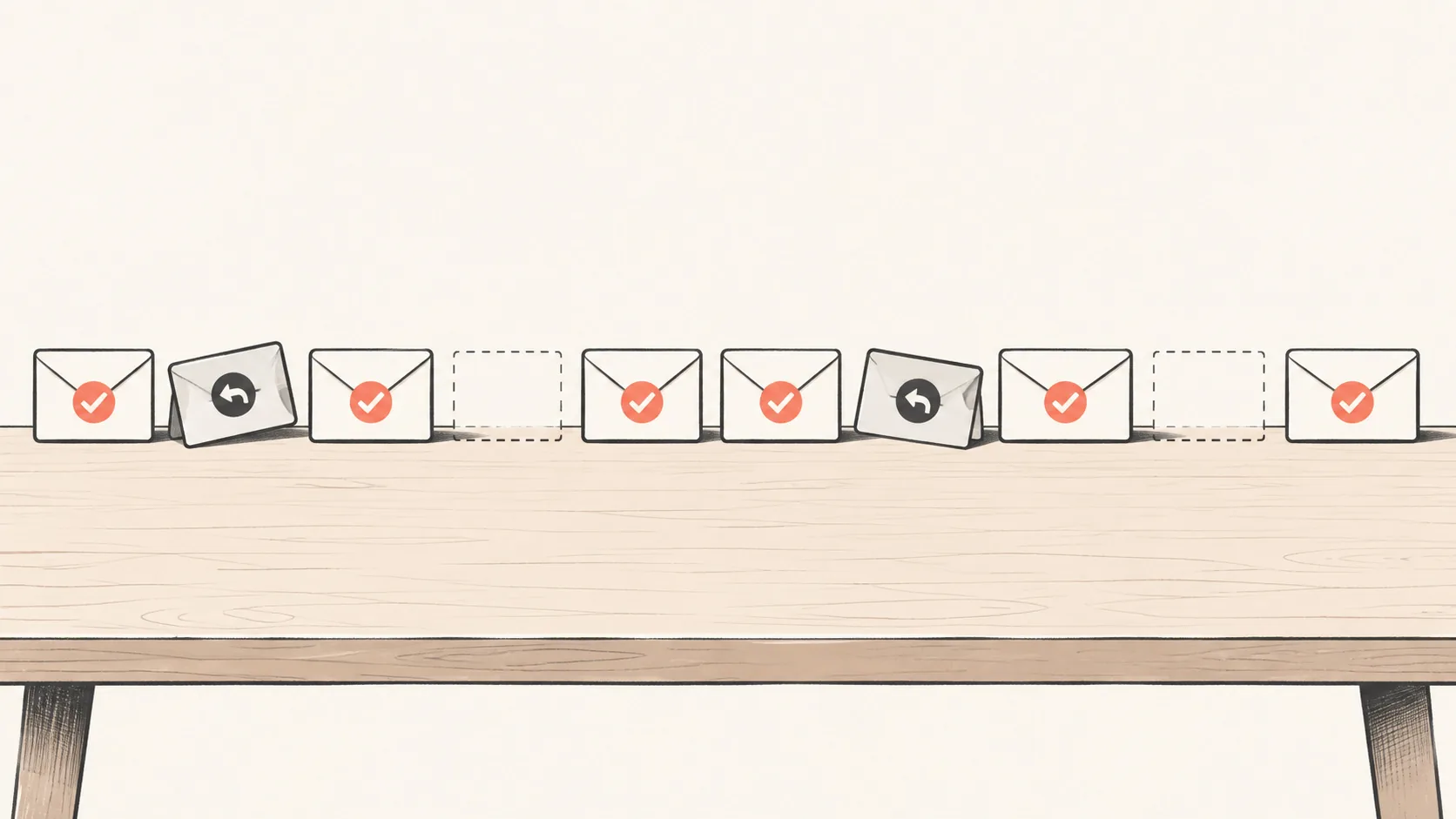 A row of numbered envelopes on a desk, most stamped as received, a few marked returned and a few missing, with a coral stamp on the received ones