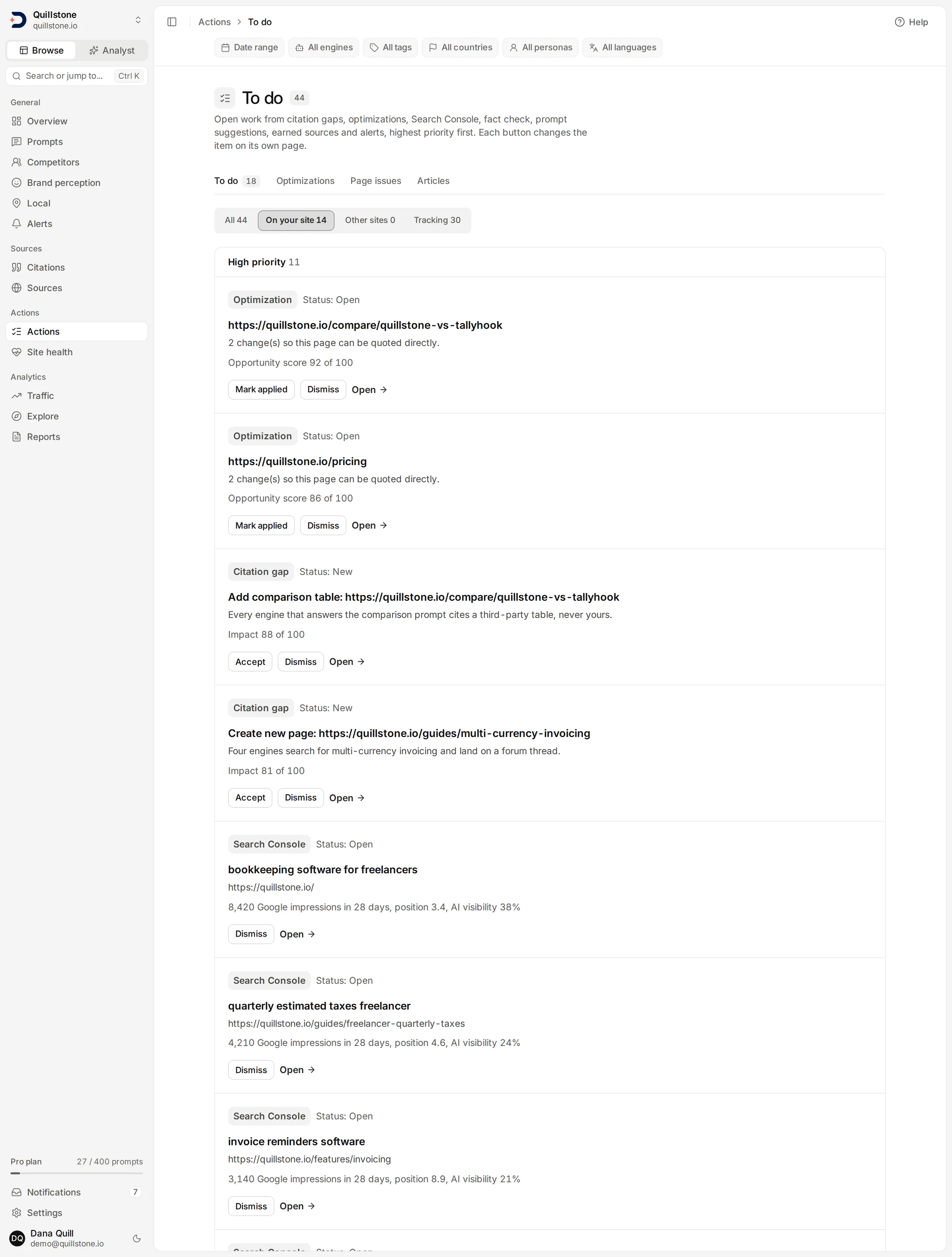 The Actions To do screen on the On your site tab, with the High priority band, Optimization and Citation gap labels, action buttons and Open links visible.