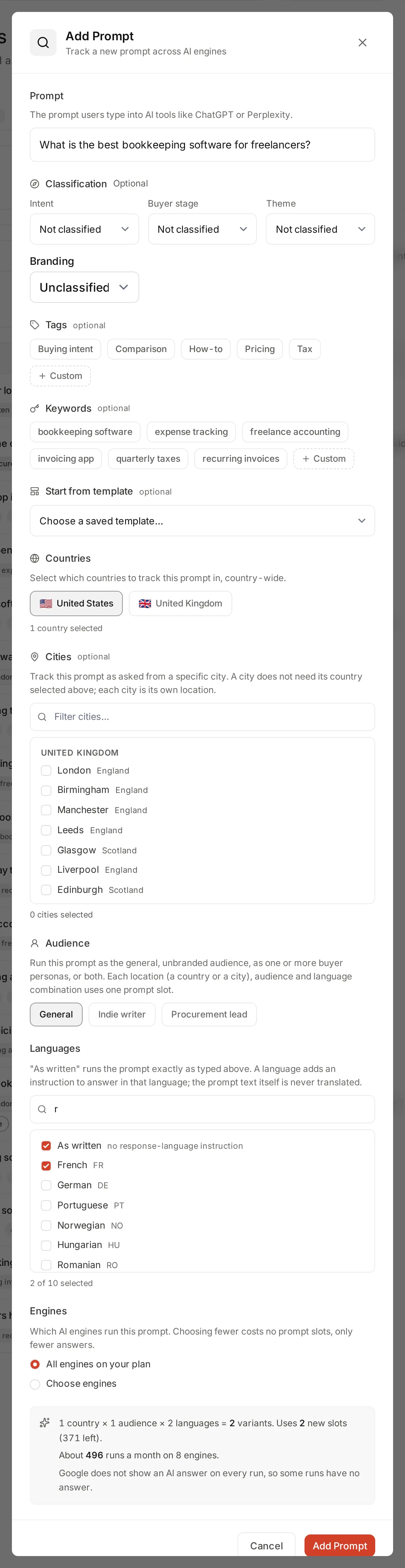 The Add prompt form with a country selected, As written and French selected as languages, and the live preview sentence showing the number of variants and slots used.