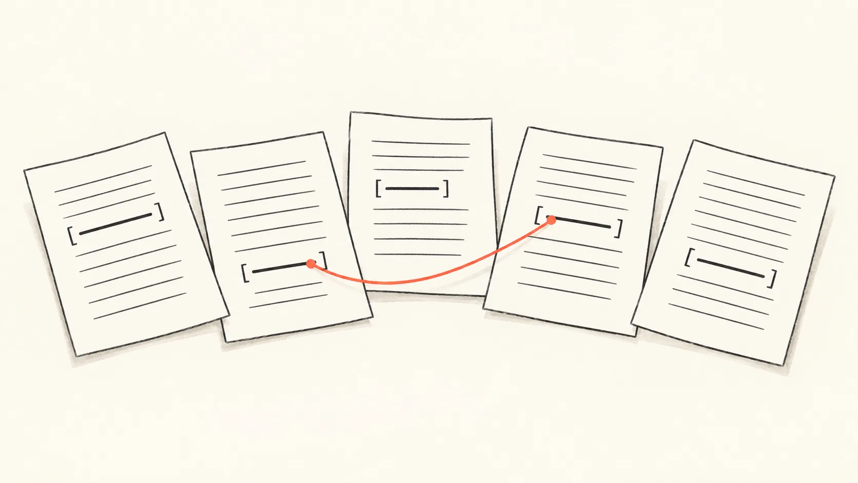 Several paper pages laid side by side, each with a highlighted line, and a coral thread connecting the lines that disagree