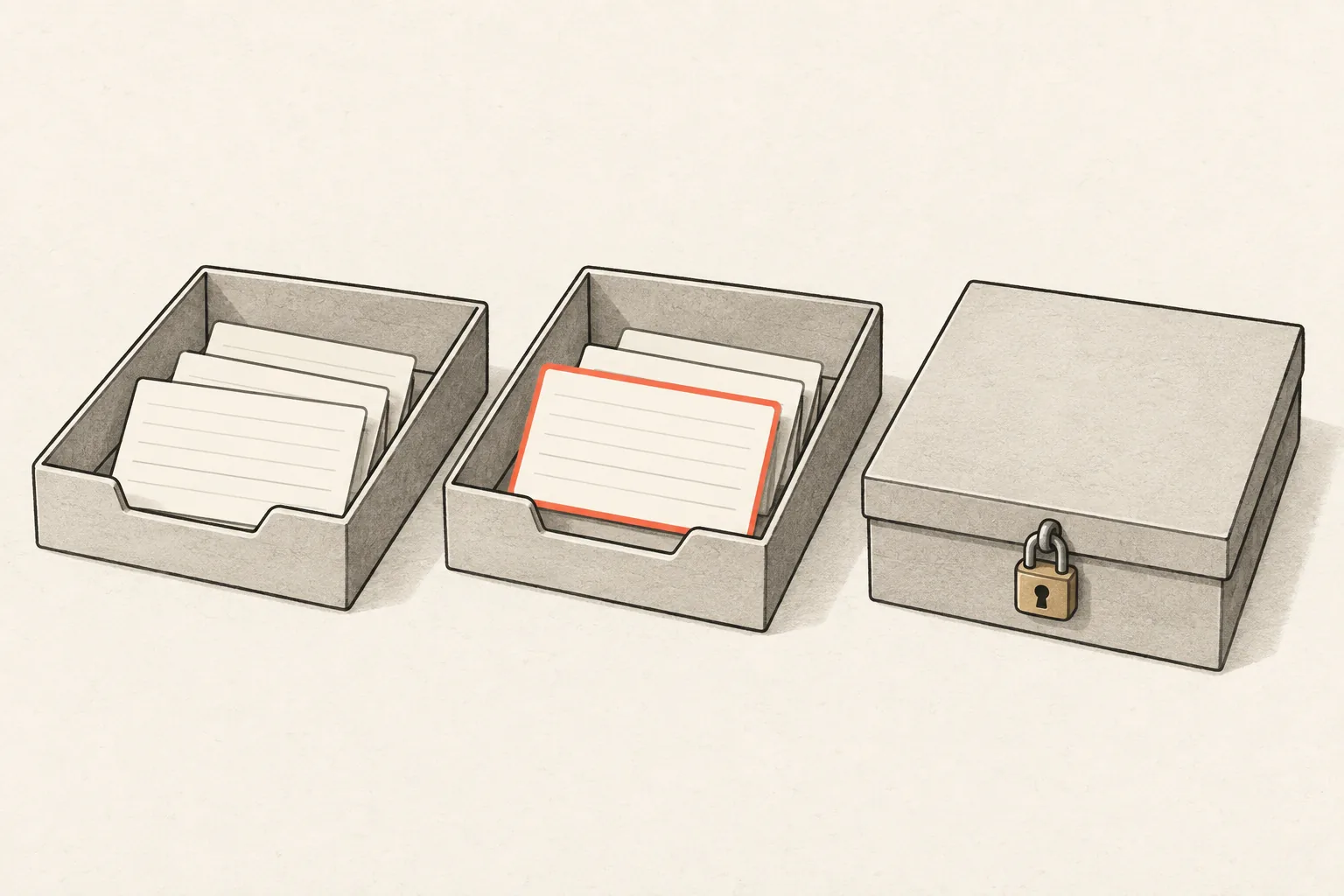 A desk with three trays, two holding a few index cards and one closed with a padlock, and a single card outlined in coral.