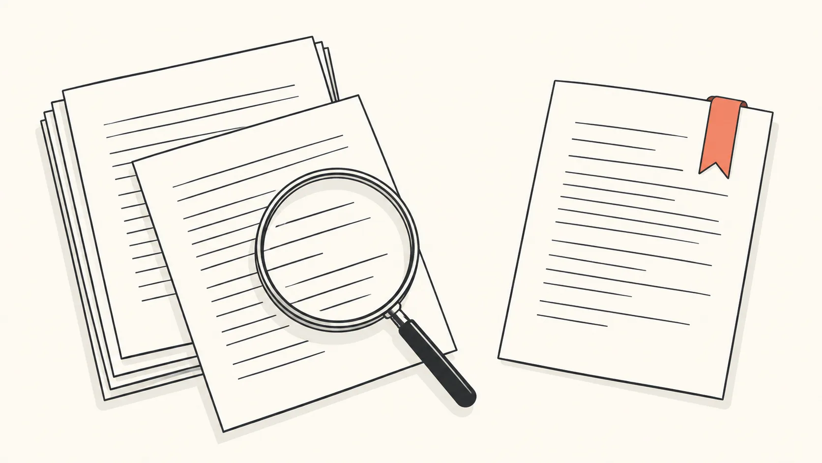 A stack of document pages on a desk with one page pulled out and placed under a magnifying glass, while another page carries a coral bookmark.