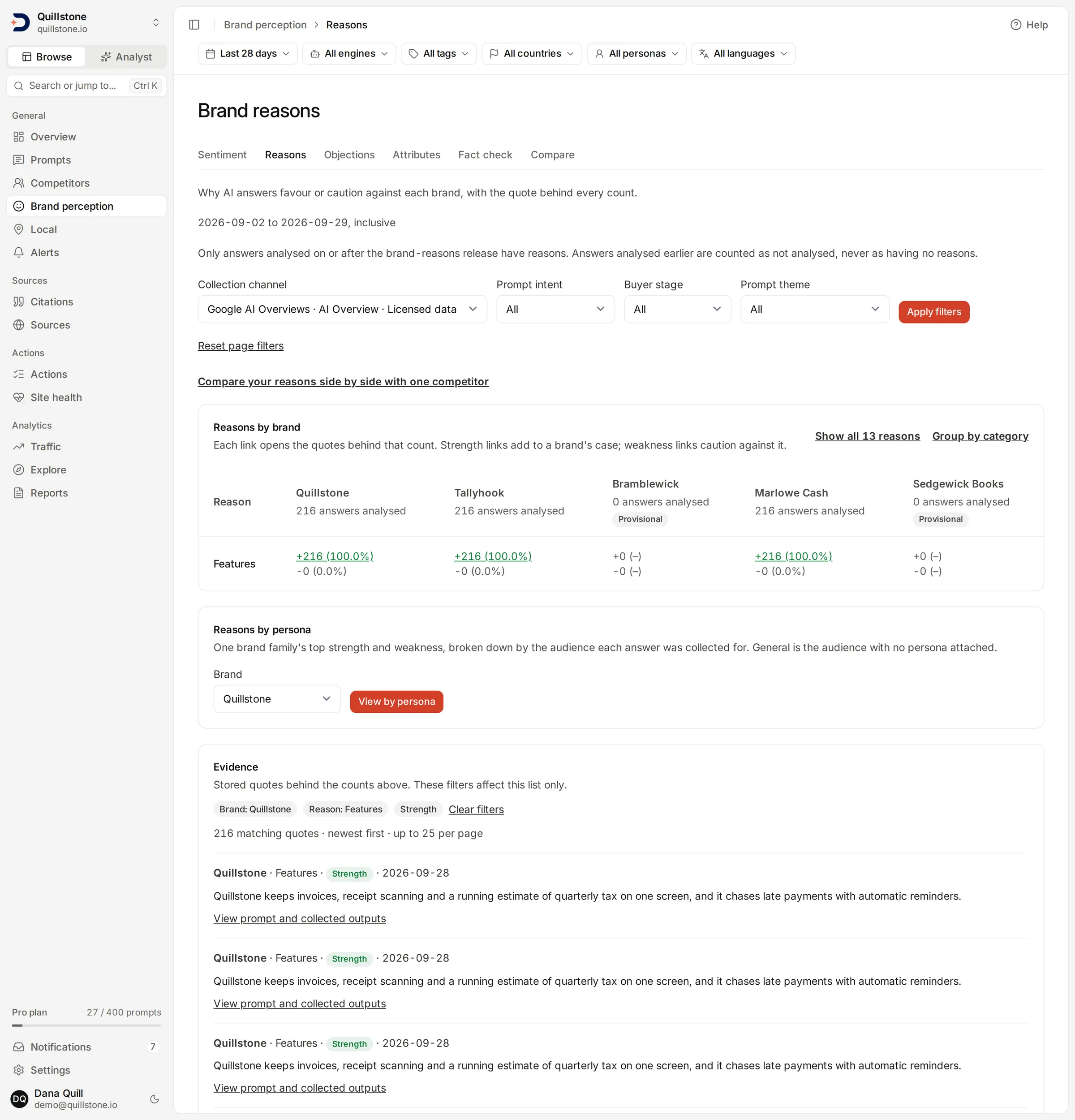 The Brand reasons screen for the Quillstone demo with its Features strength count selected, zero weakness counts, and stored quotes linked to the prompt and collected outputs.
