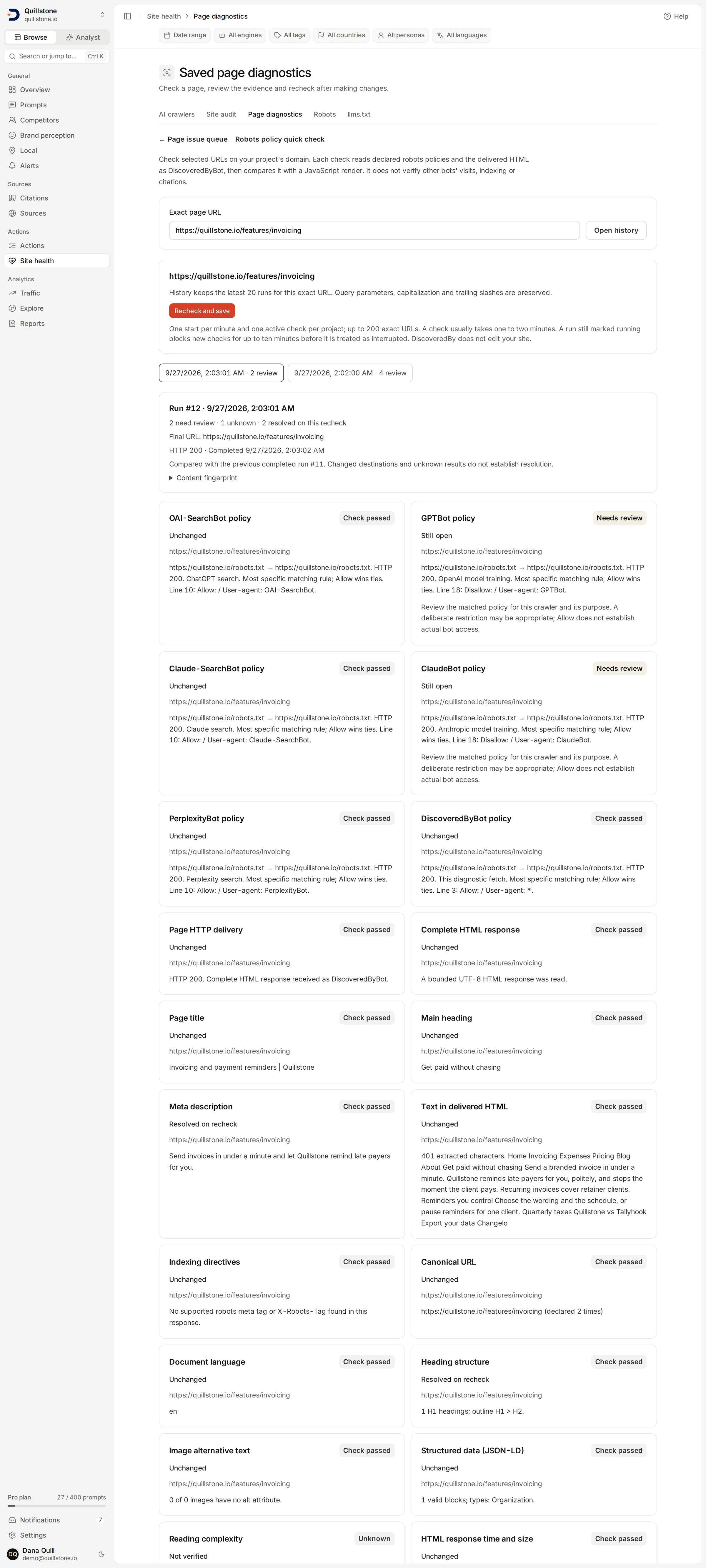 Page diagnostics showing saved check results for one URL, with a recheck comparison.