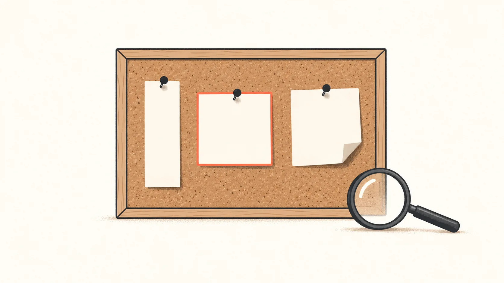 Three different paper notes pinned to a corkboard, one outlined in coral, as if a reviewer were choosing which to read first.