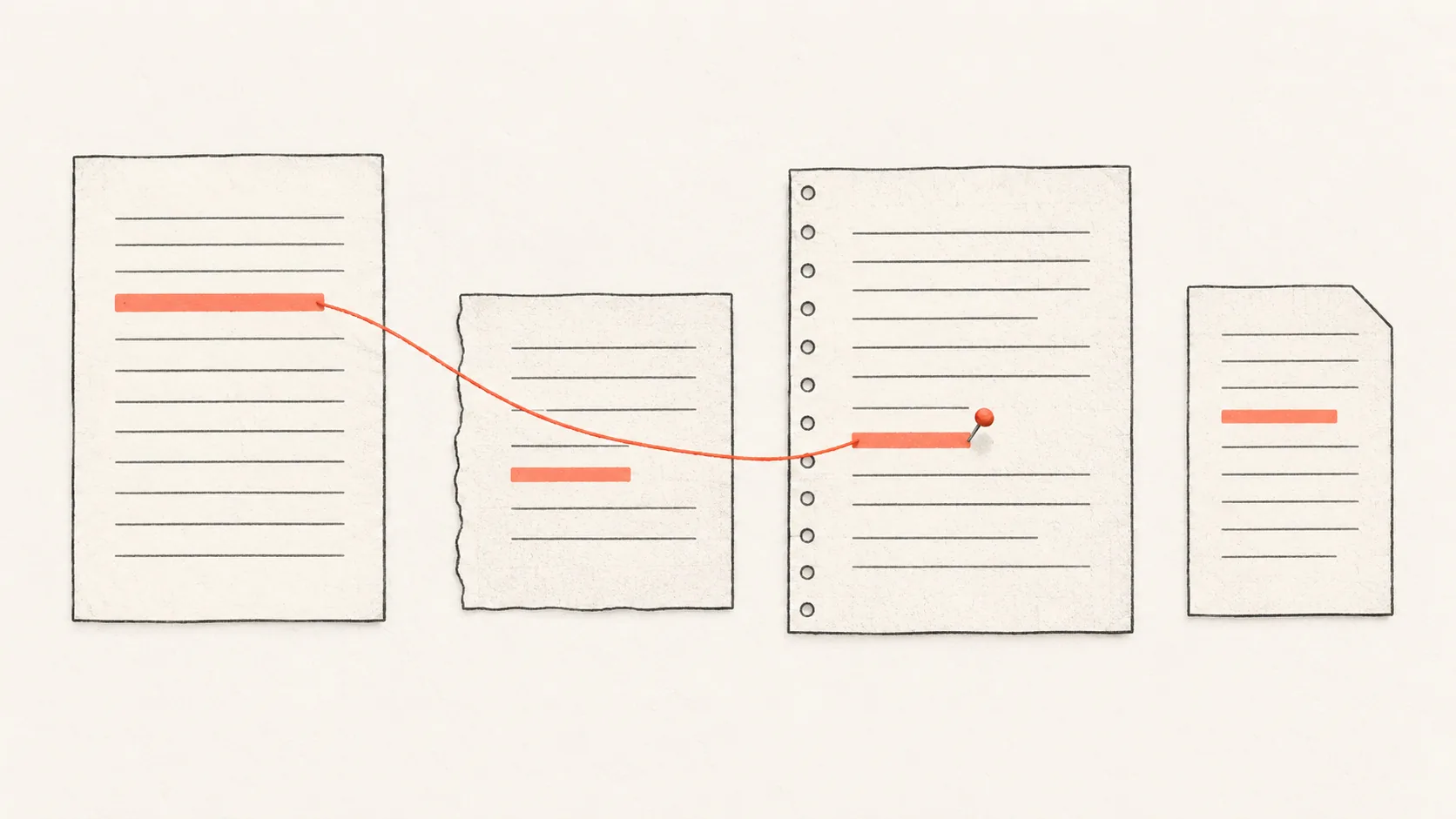 Several paper pages laid side by side, each with a highlighted line, and one coral thread joining the lines that disagree