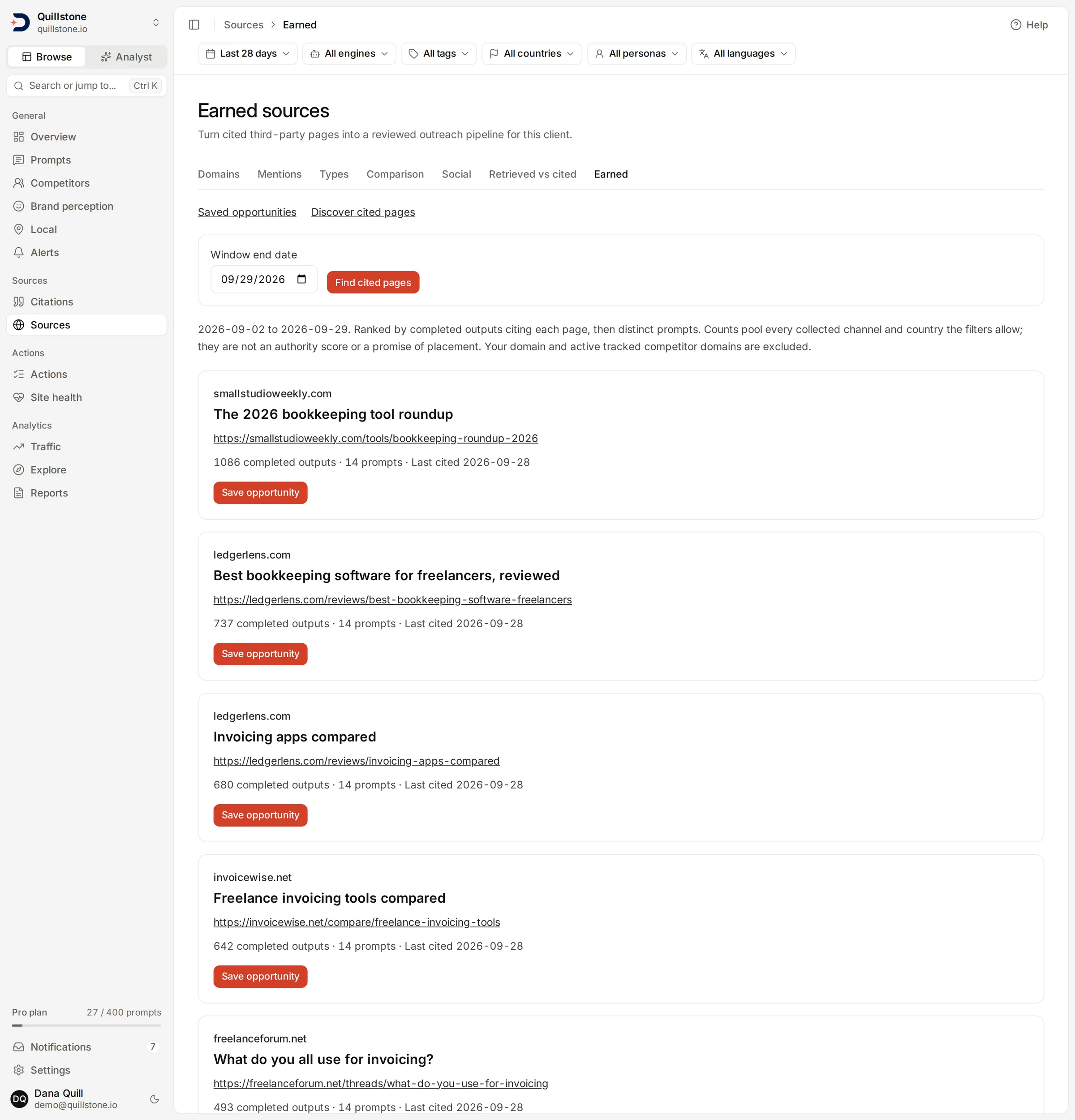 The Earned sources screen listing cited third-party pages with answer and prompt counts and a Save opportunity button.