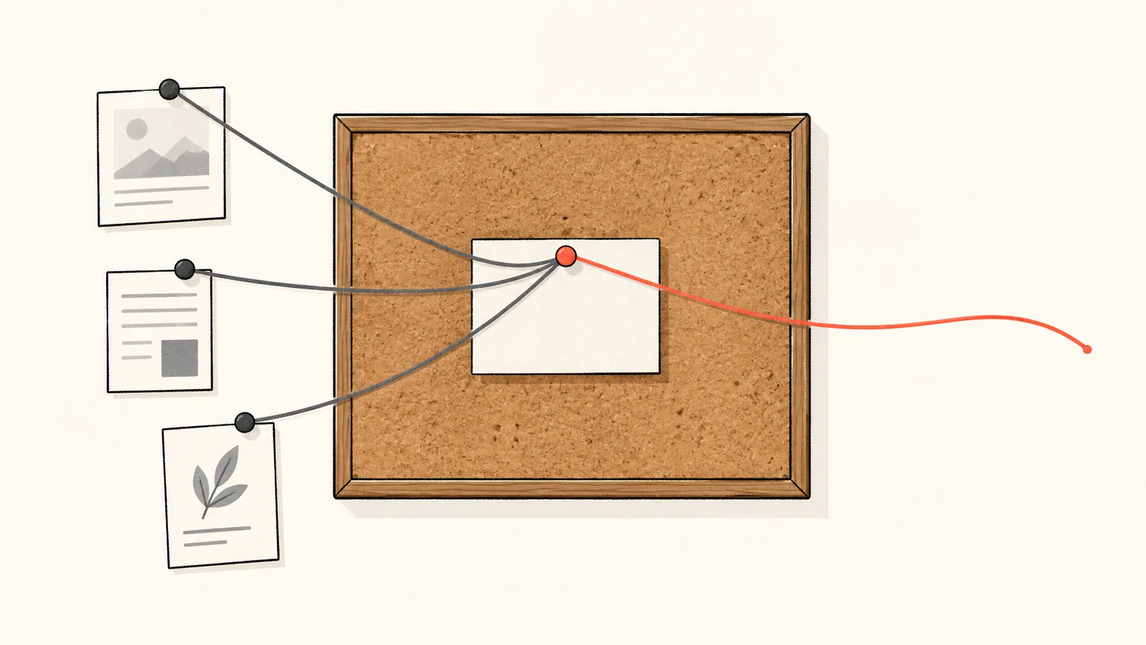 A brand name written on a card pinned to a board with a loose coral thread that ends in empty space instead of a document