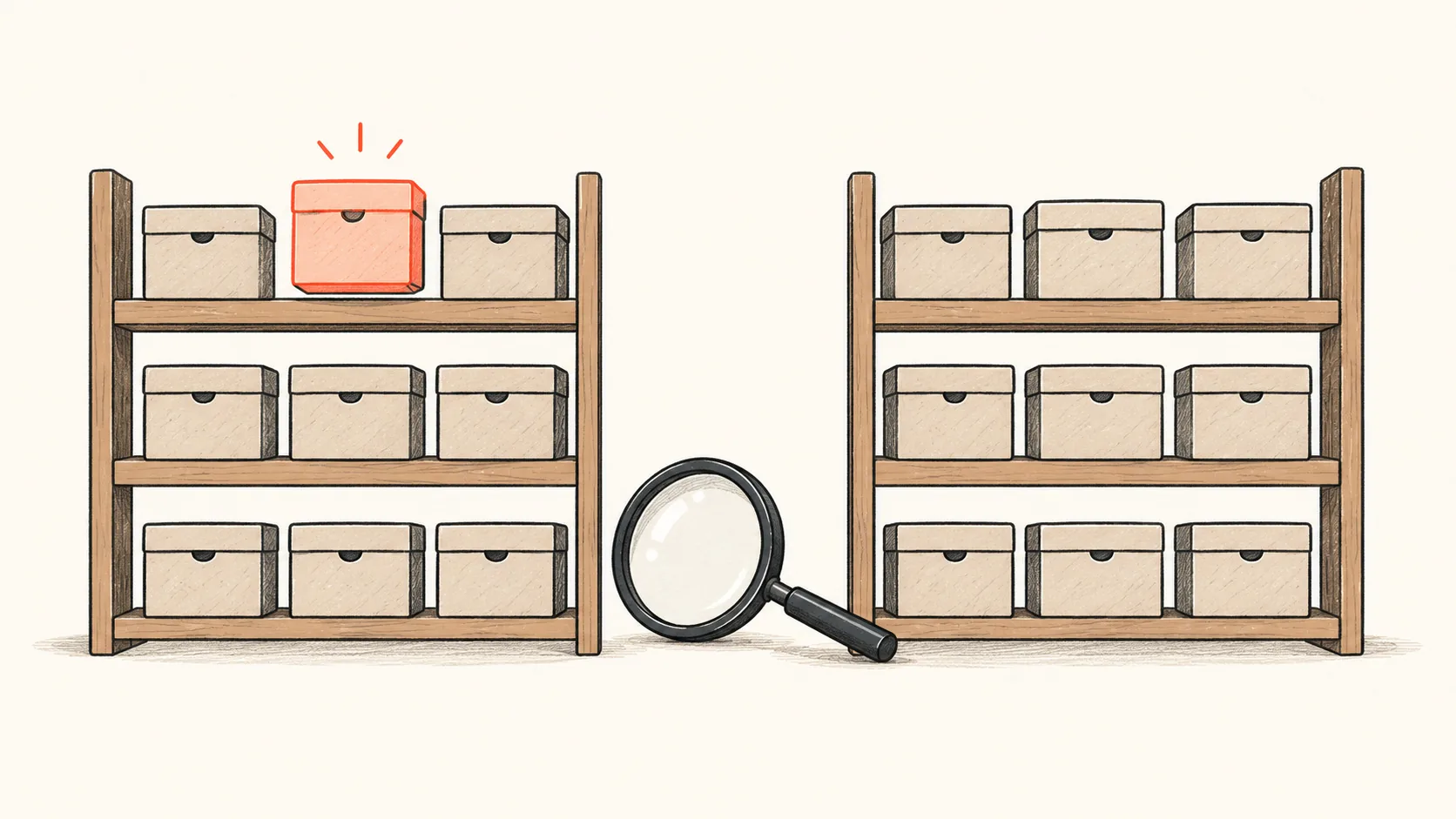 Two nearly identical shop shelves, one with a single item lifted and marked in coral, as if a reviewer were examining why one product was picked.