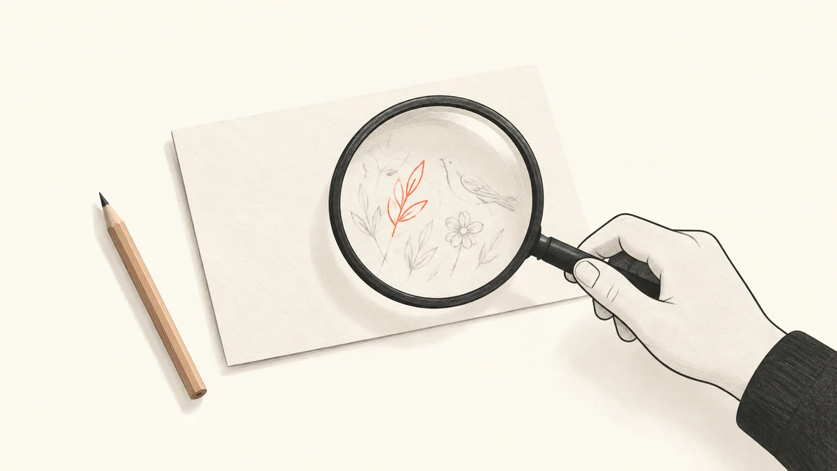 A magnifying loupe held over a plain paper card, revealing faint pencilled notes beneath its surface, one outlined in coral.