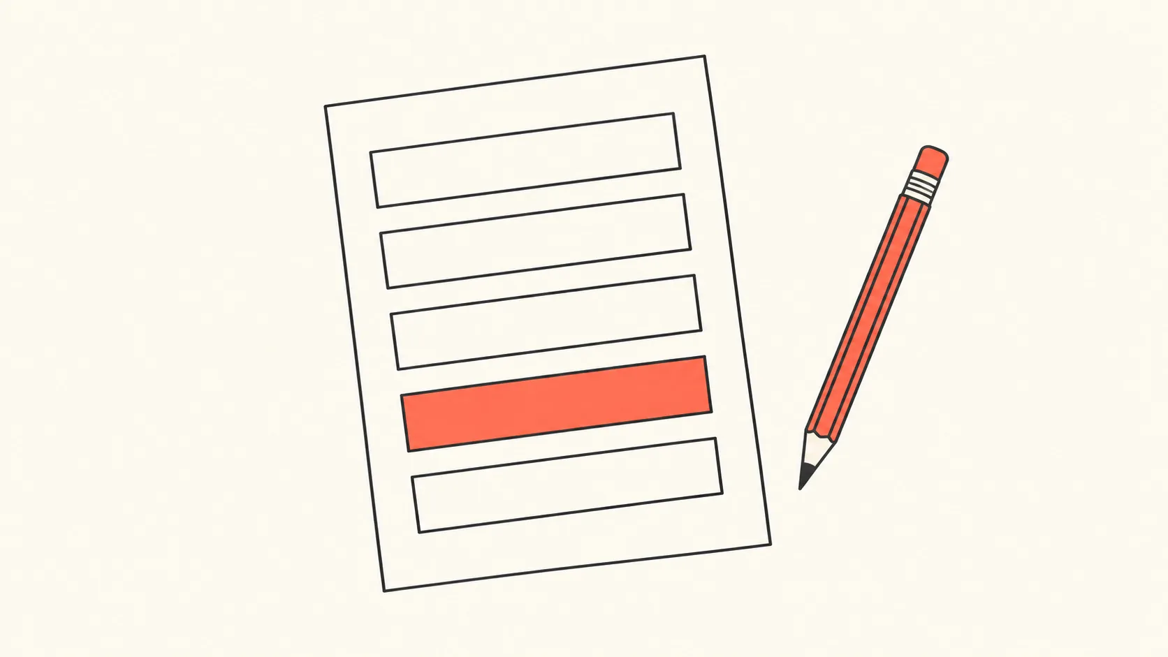 A single sheet of paper with five stacked sections, one section highlighted in coral, resting on a desk beside a pencil.