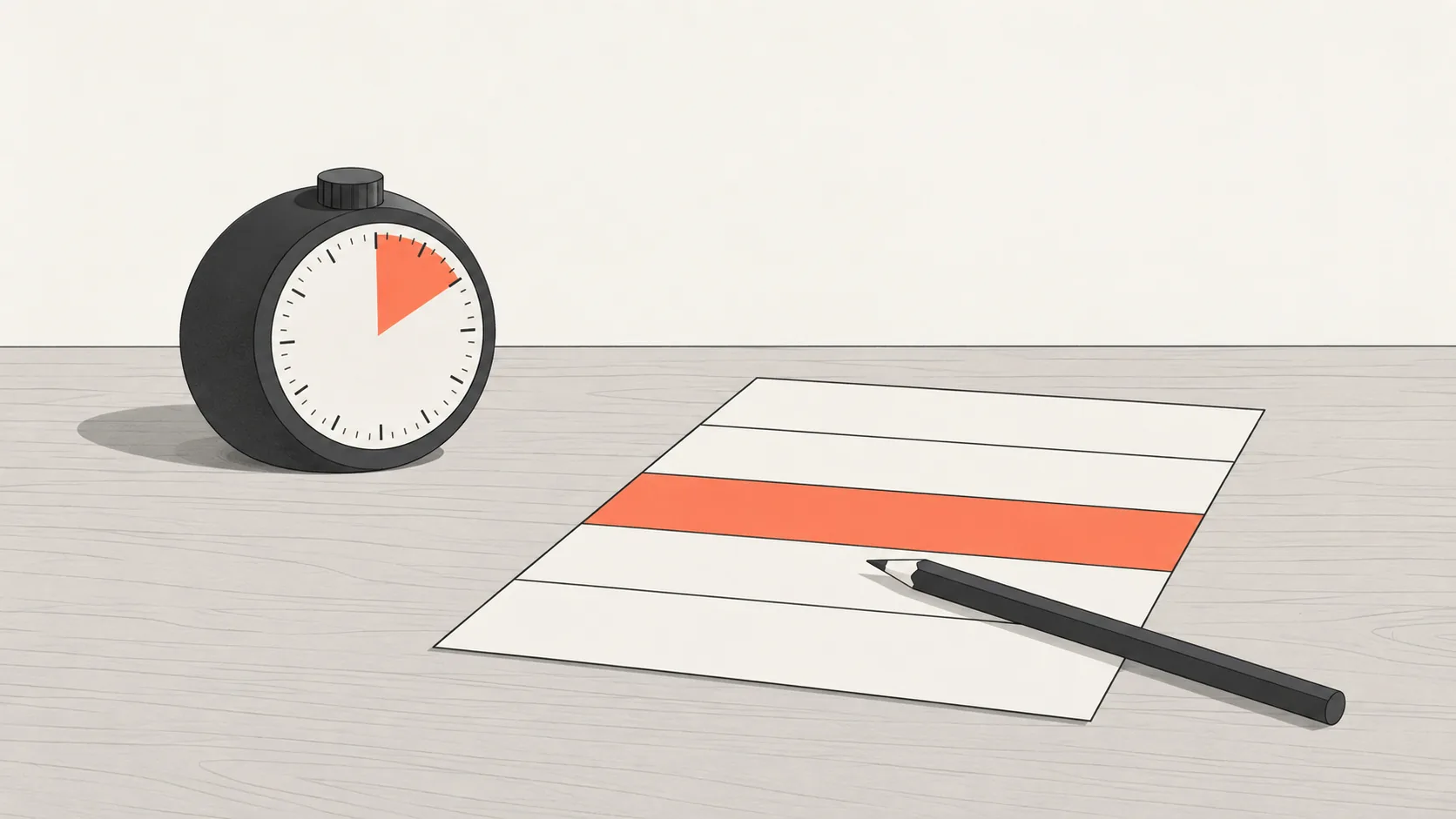 A small kitchen timer beside a single sheet of paper with five ruled sections, one section marked in coral.