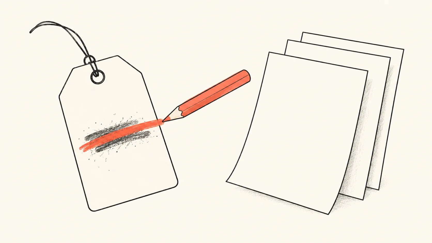 A price tag with a pencil correction mark beside a small stack of source pages, drawn in flat editorial style.