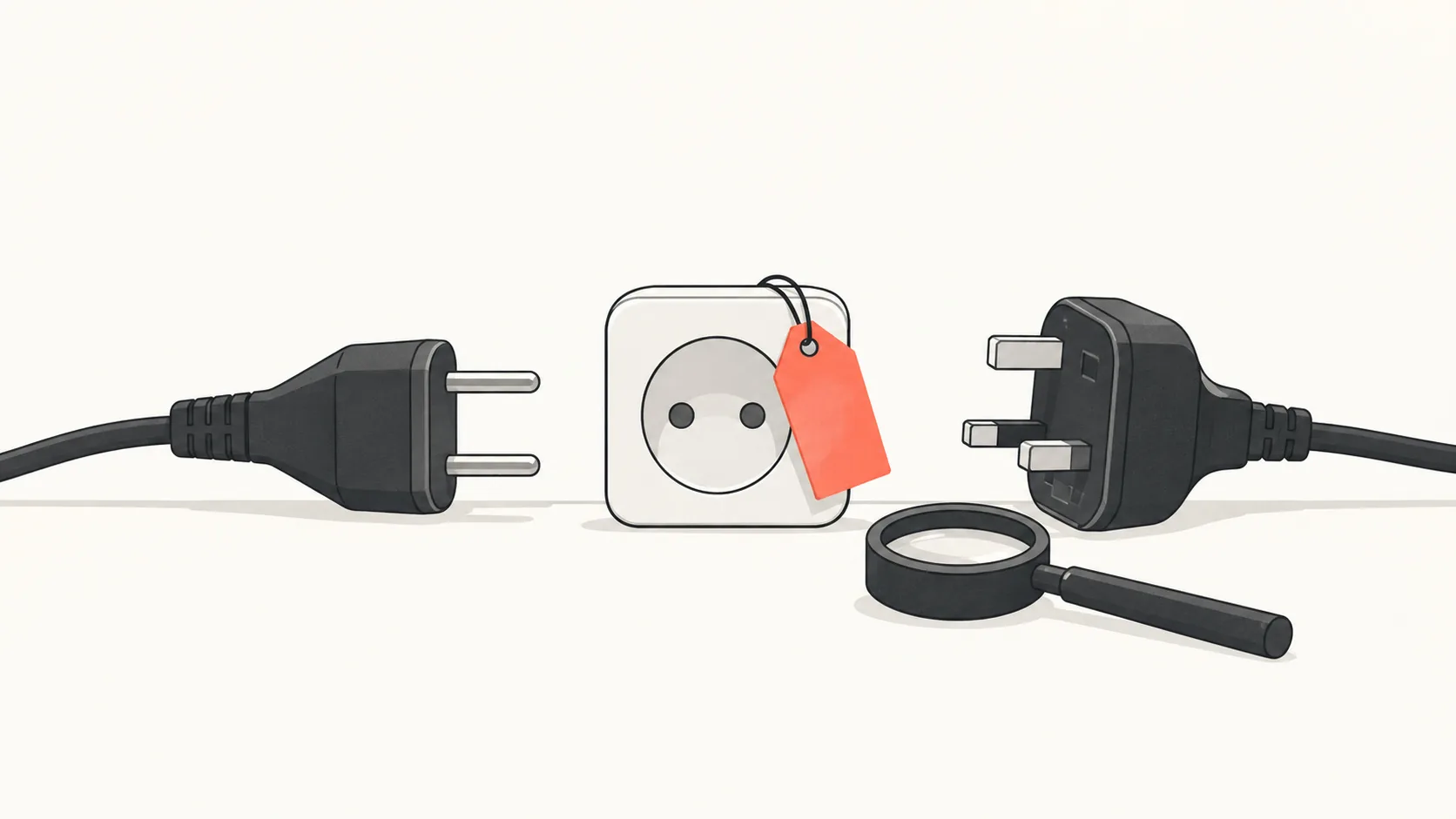Two plugs of different shapes facing each other with a small coral tag on the connection point, as if being inspected.