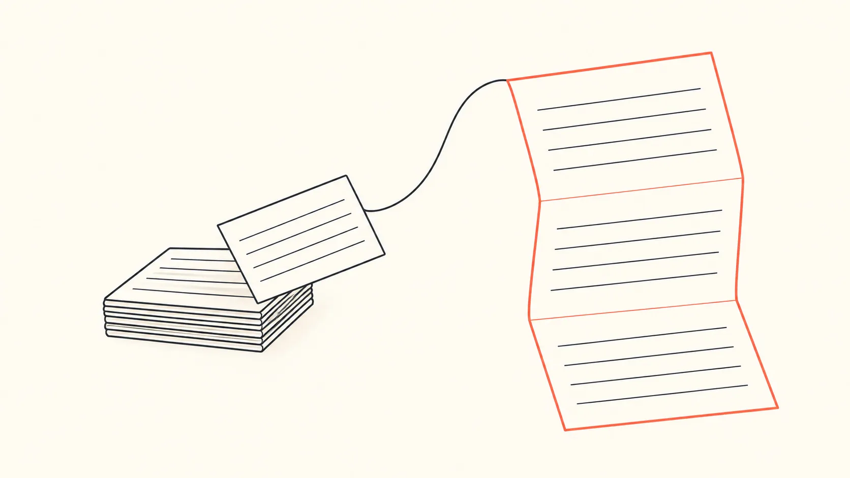 A short stack of index cards holding search phrases, with one card being rewritten into a full question on a larger sheet.