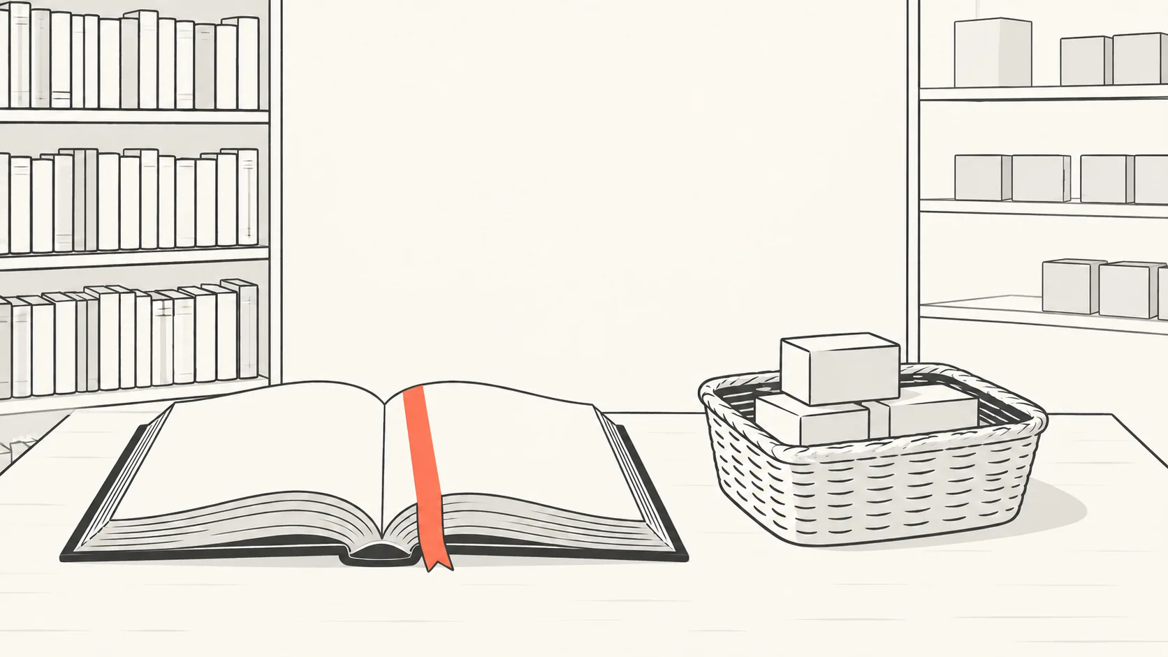 A reference book with one page flagged in coral lying open beside a shopper's basket that holds products from other shelves.