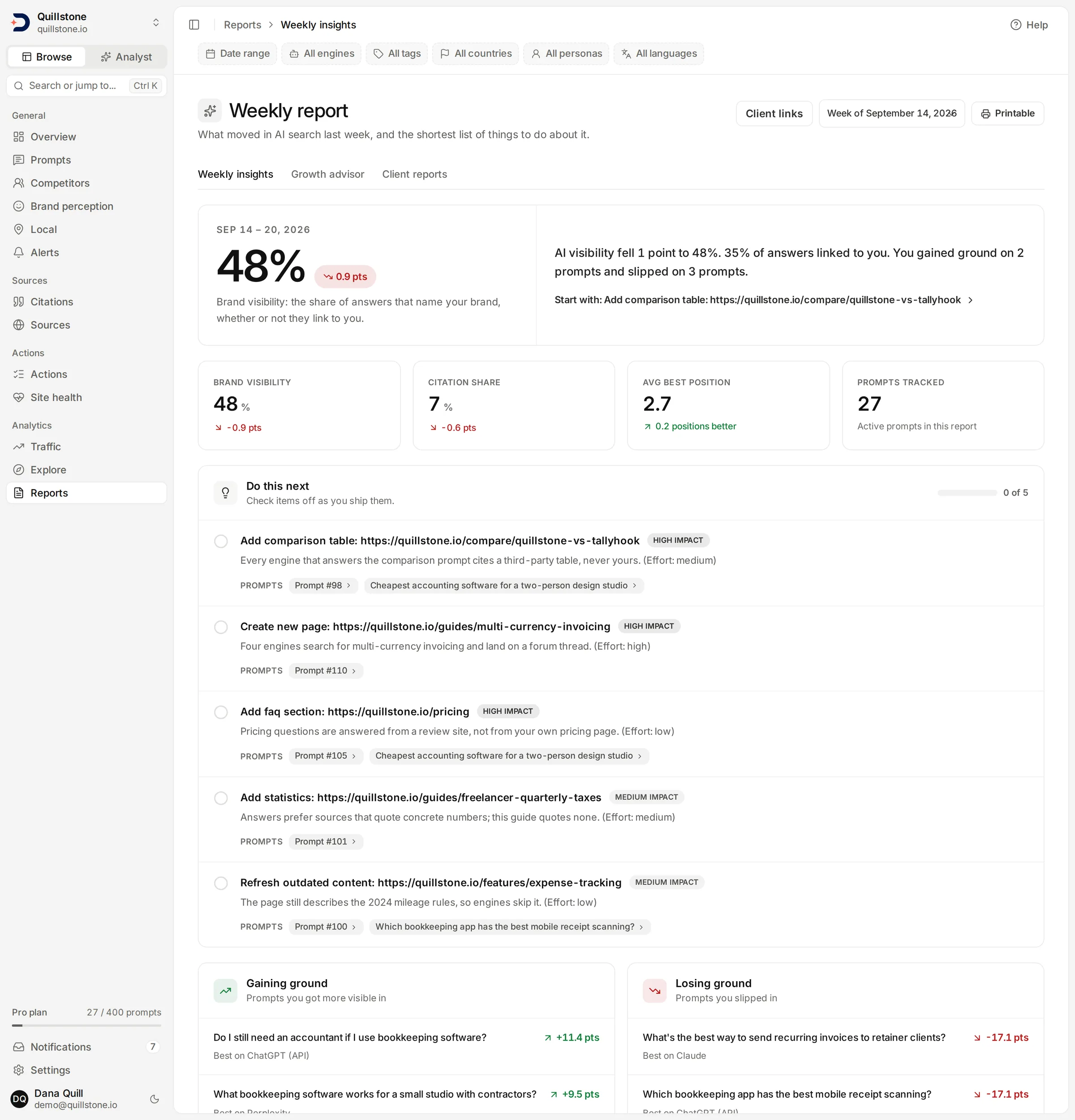 The Weekly report screen with its headline reading, change from the prior week and the "Do this next" checklist.