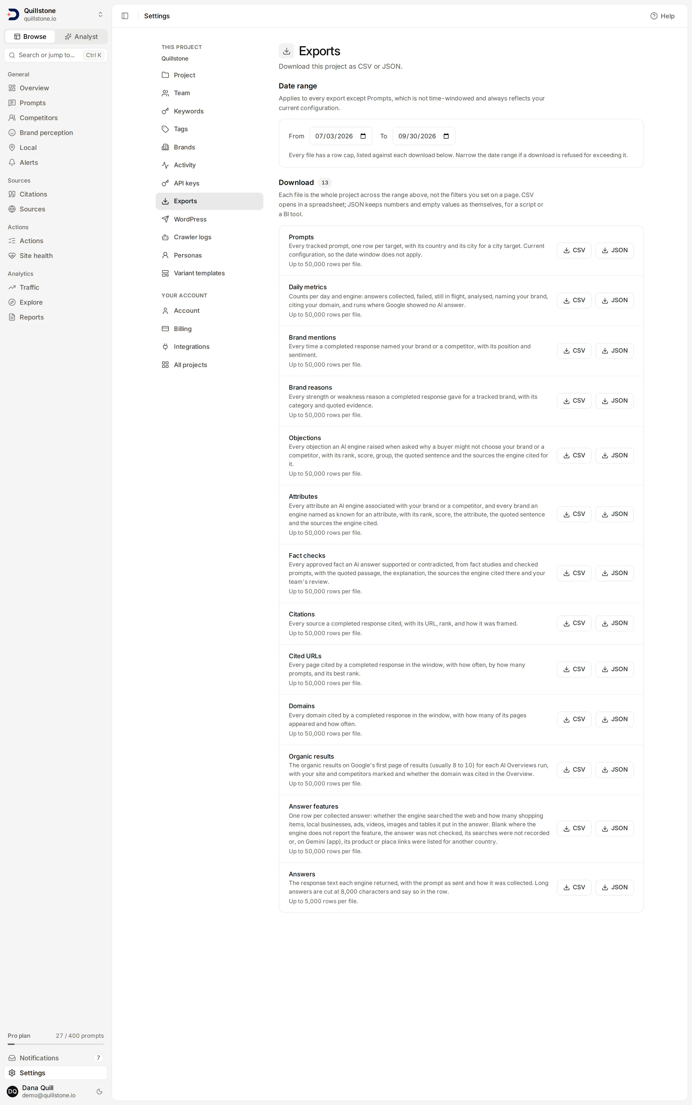 The Exports screen listing the datasets with CSV and JSON download buttons and a date range picker