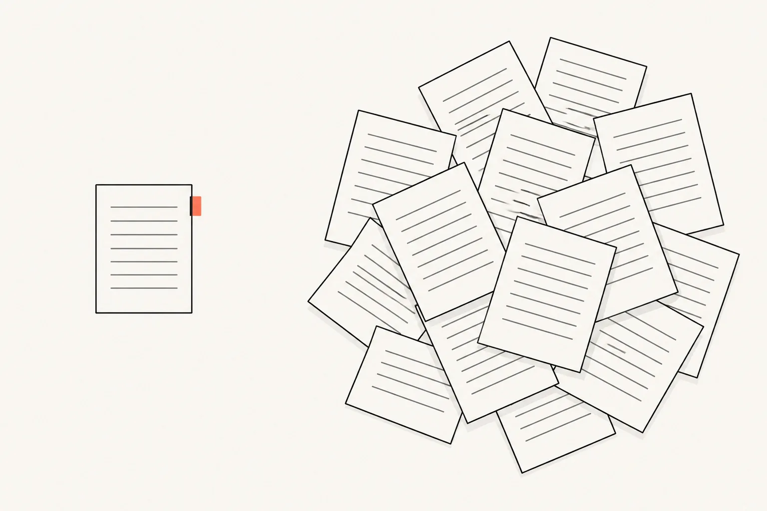 One page with a small coral tab set apart from a large scattered pile of other pages, suggesting that fixing one page leaves many others.