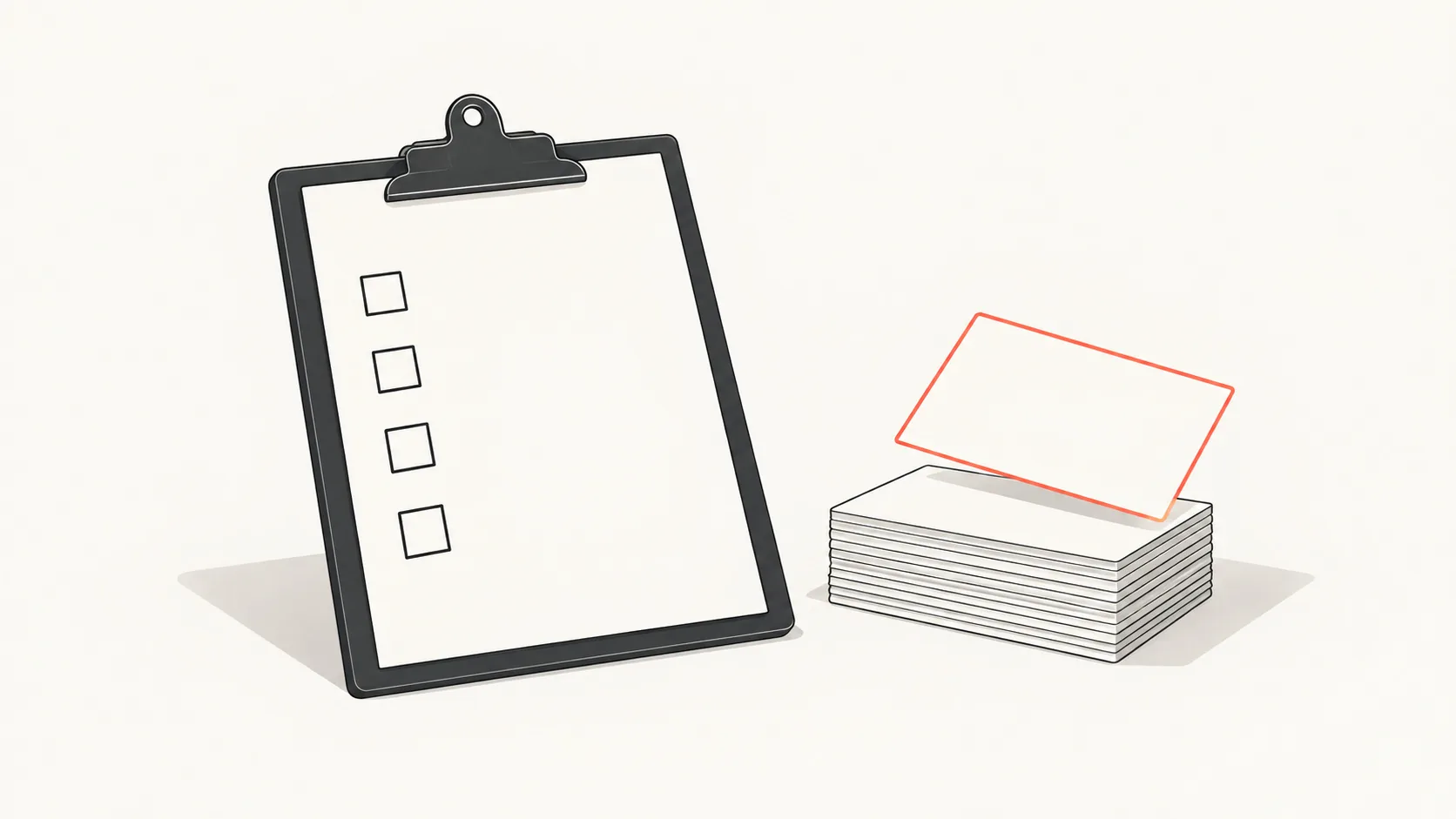 A clipboard with a short checklist beside a small stack of index cards, one card lifted and outlined in coral.