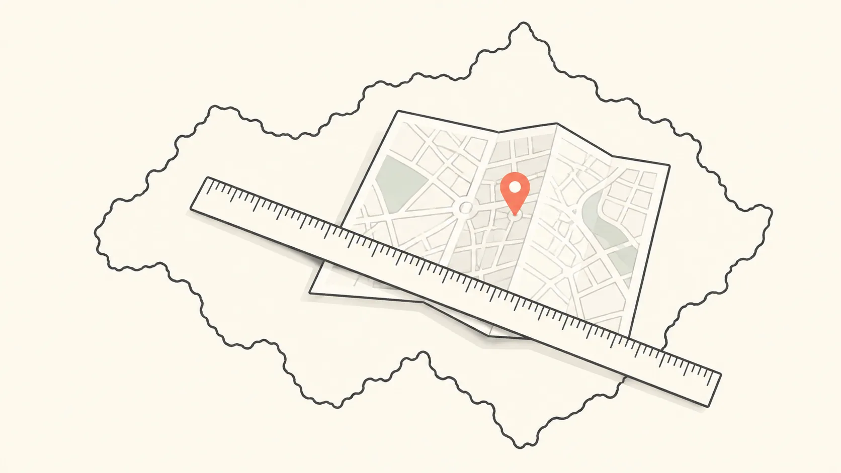 A city map fragment nested inside a larger country outline, with a coral pin on the city and a charcoal ruler laid across both.