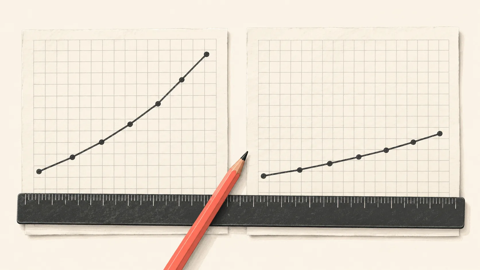 A line chart drawn twice on a desk, once with a squeezed vertical scale that looks steep and once with a full scale that looks gentle