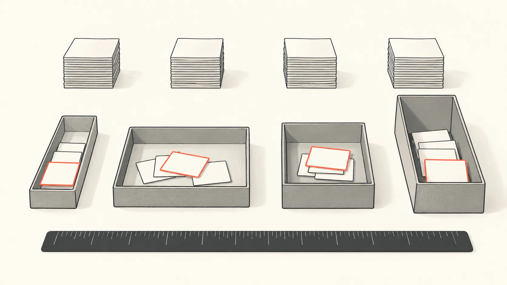 Four identical stacks of paper slips being counted into four differently sized trays, one slip marked in coral in each tray.