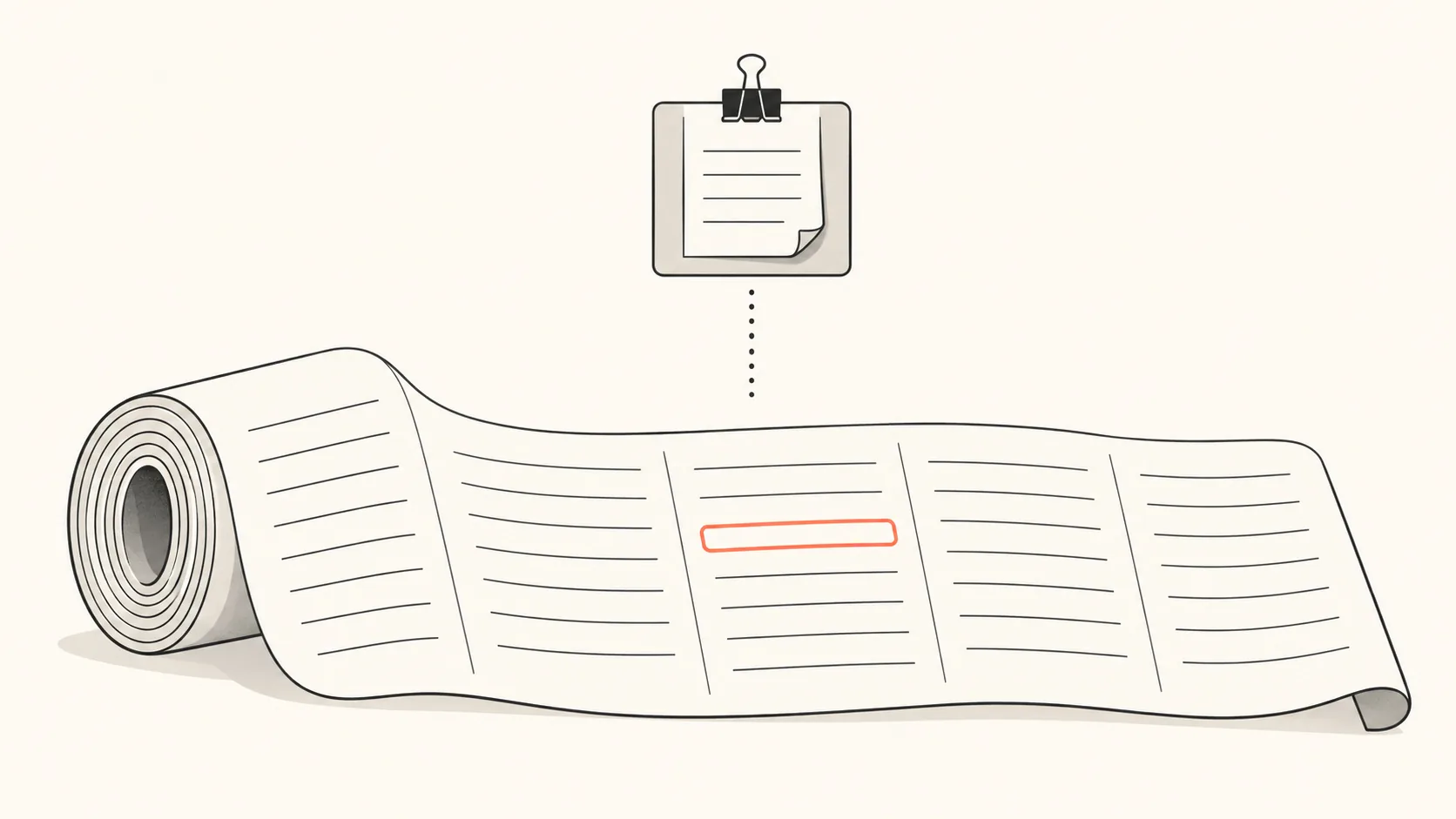 A long paper ledger with one line highlighted in coral, and a separate small card beside it holding a single stamped page, suggesting a visit record kept apart from a credit.