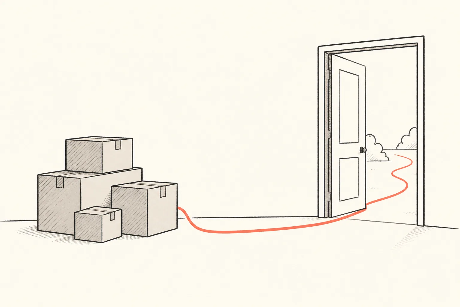 A hand-drawn exit door left ajar beside a tidy stack of labelled boxes, suggesting a customer can see the way out before moving in.