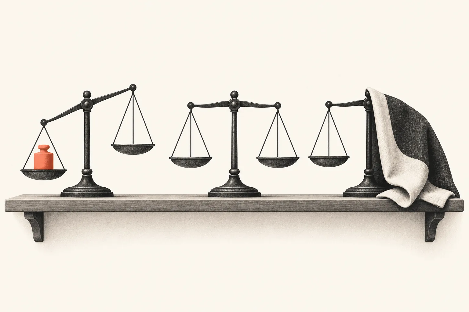 Three balance scales on a shelf, one tilted, one level and one covered by a cloth.