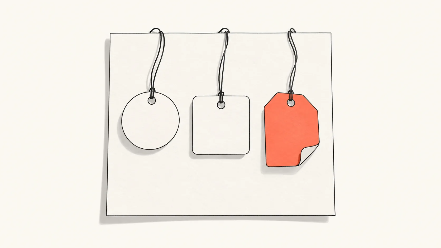 Three differently shaped tags pinned to a sheet of paper, each attached by its own thread to a different part of the page.