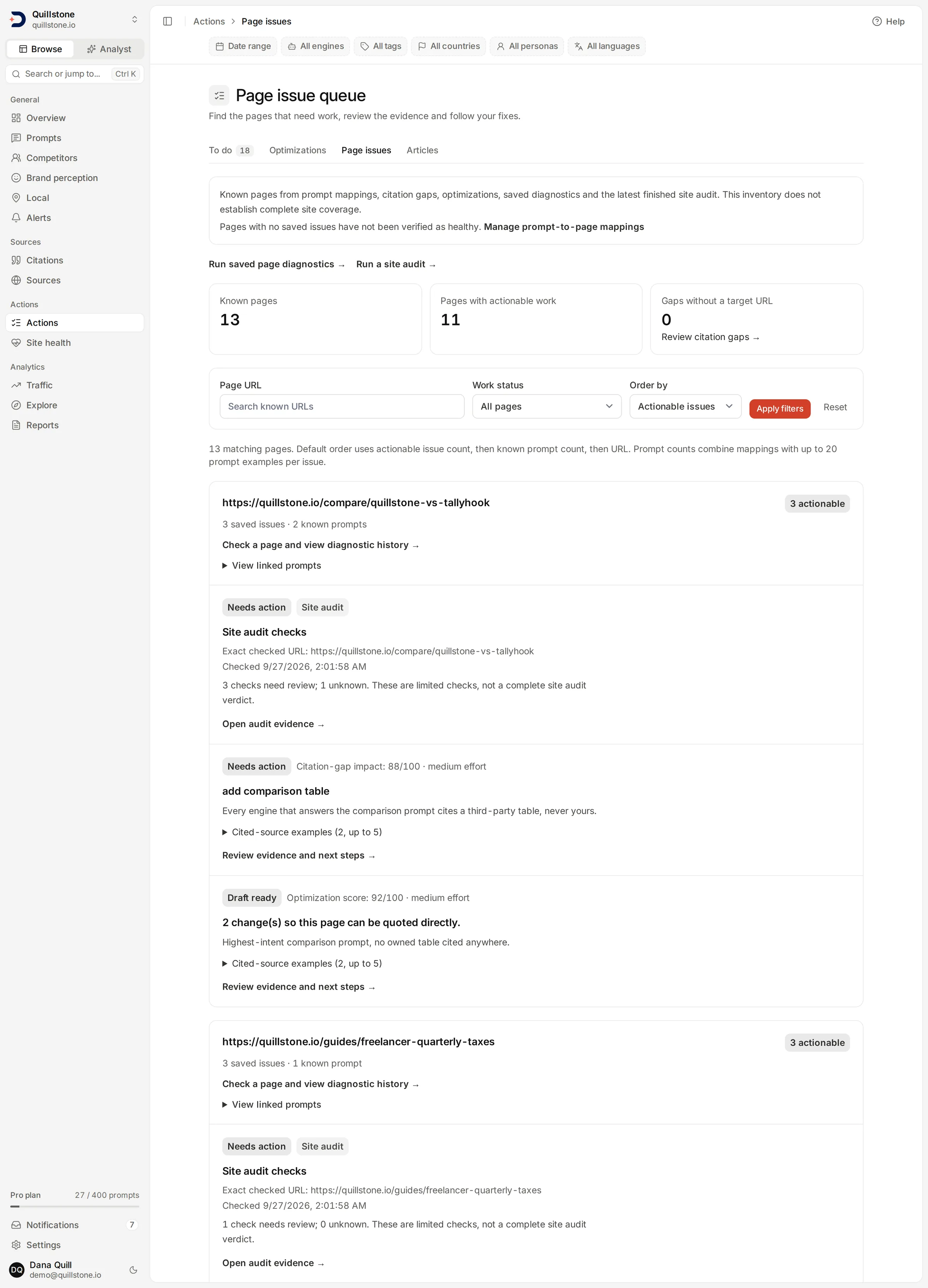The Page issue queue showing Site audit checks items with their status labels.