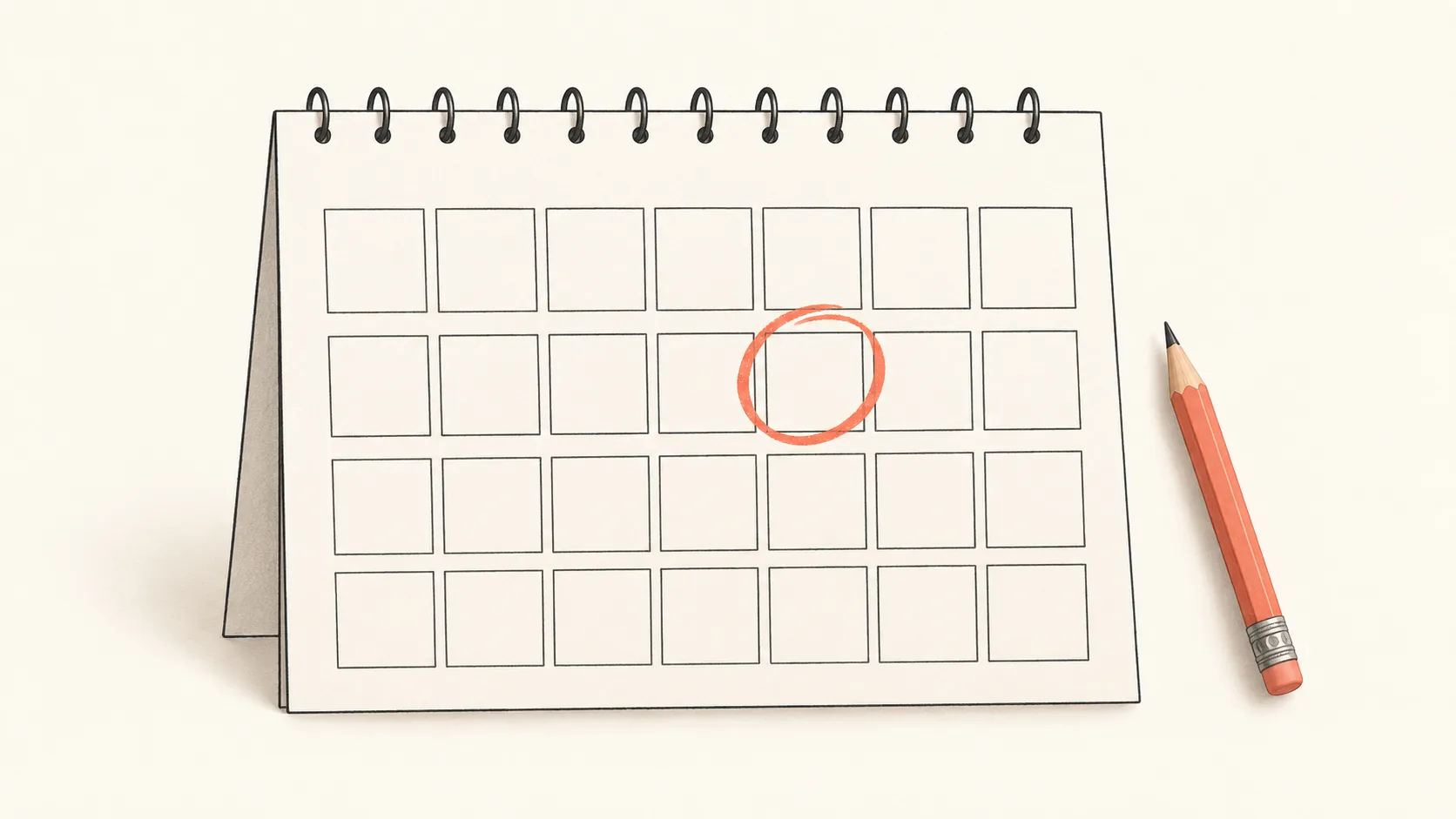 A hand-drawn wall calendar with four week-long rows, one square circled in coral where a single change is made
