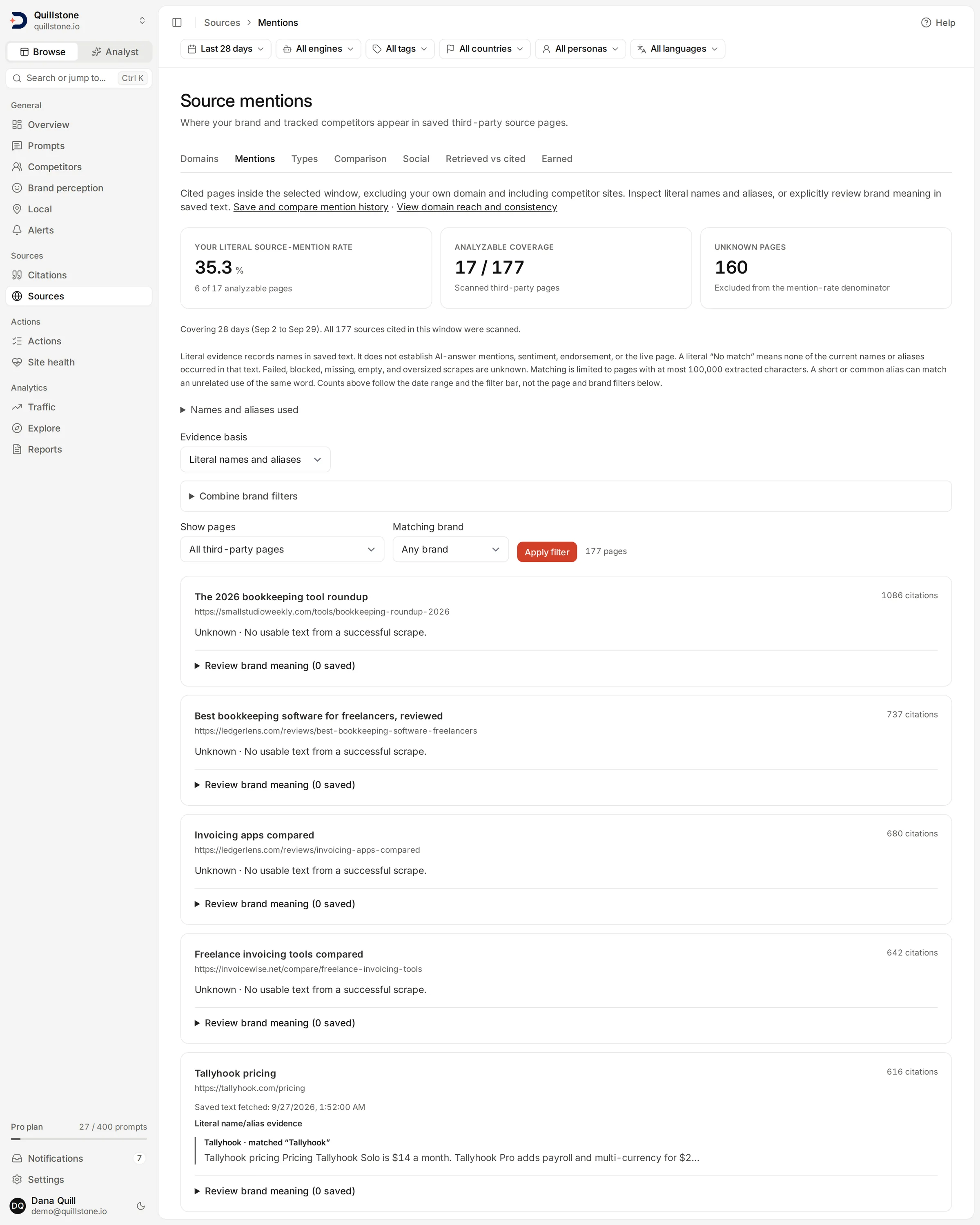 The Mentions view under Sources showing pages with a brand match, no match and unknown status, with fetch dates.