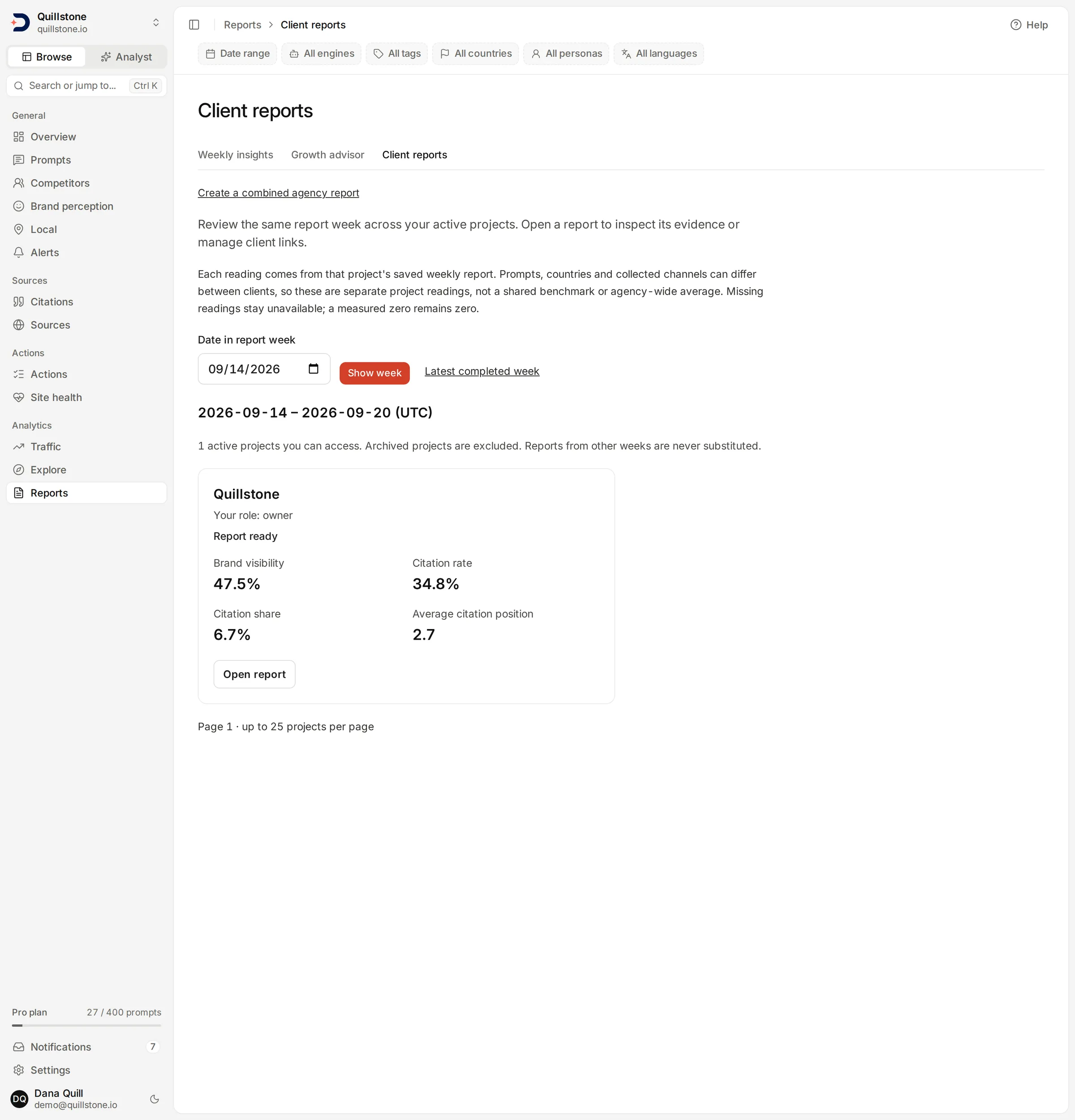The Client reports overview showing one card per project for the same completed week.