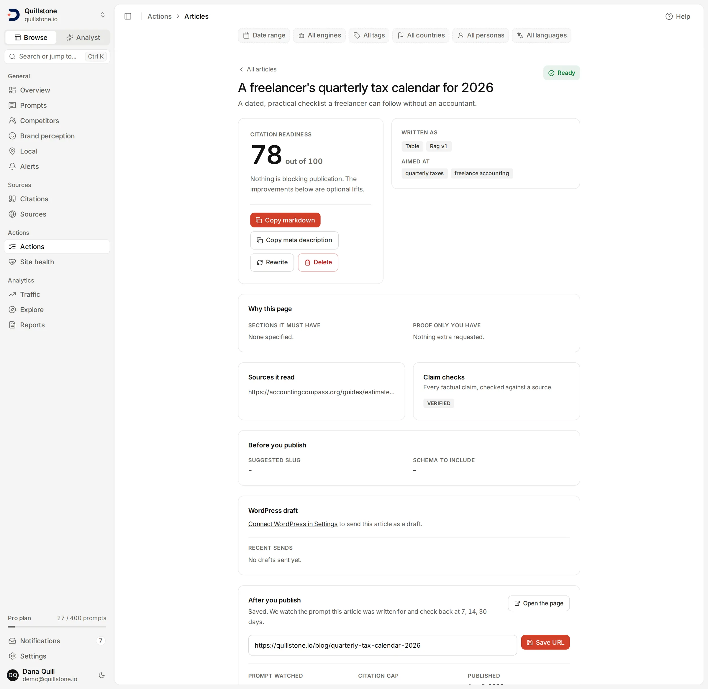 A ready demo article with a citation readiness score of 78, a VERIFIED claim-check badge, source information and no publication blockers, with the draft body outside the frame.