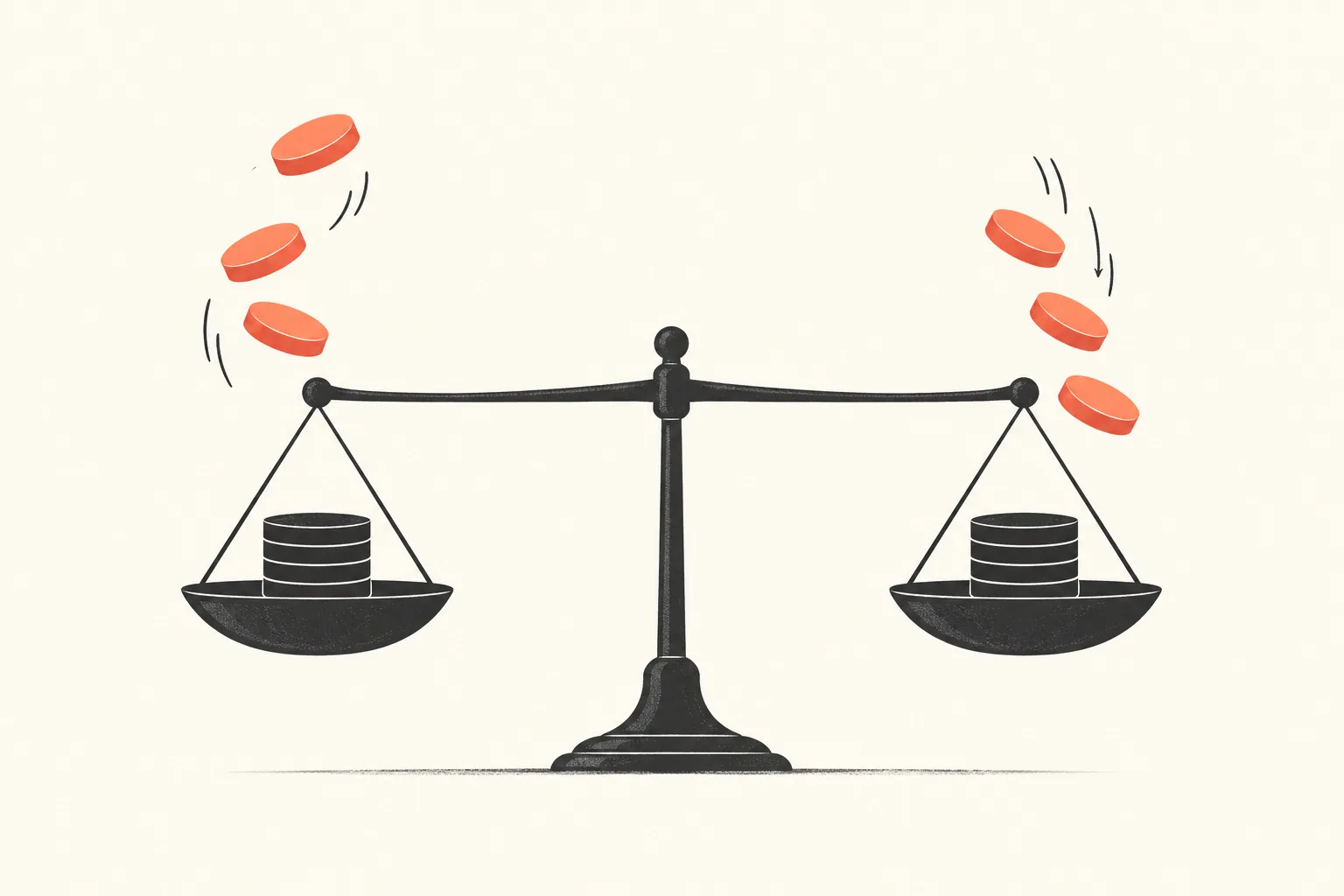 Two balanced scale pans holding equal stacks of small tokens, with a few tokens moving in each direction between them.