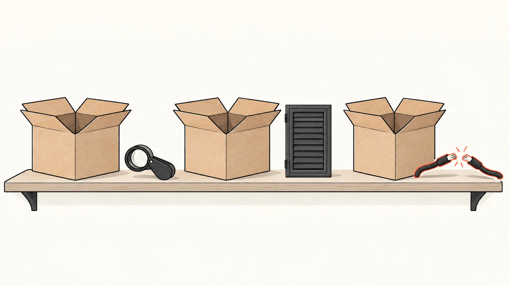 Three identical empty boxes on a shelf, each with a different small marker beside it, suggesting that empty results can have different causes.
