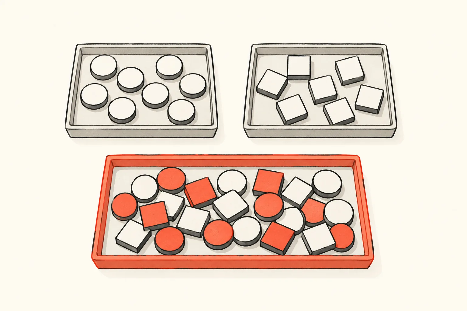 Two shallow trays of tokens with a third tray below holding a mix of both shapes, suggesting a blended result.